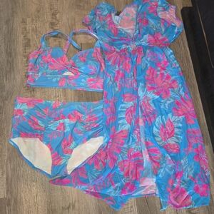 Torrid Blue and Pink Floral Swimwear With Coverup